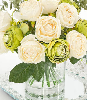 25 Cream and Green Rose Arrangement Artificial Faux Centerpiece, Floral Decor Silk Flower Arrangement, Faux Decoration Flowers in Glass Vase