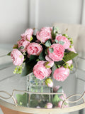 Pink Rose Peony Arrangement, Artificial Faux Centerpiece, Silk Flowers in Glass Vase for Home Decor