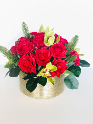 Christmas Real Touch Red Roses Arrangement-Gold Vase- Floral Decor Centerpiece- Artificial Flowers Silk Arrangement-Fake Flowers Home Decor