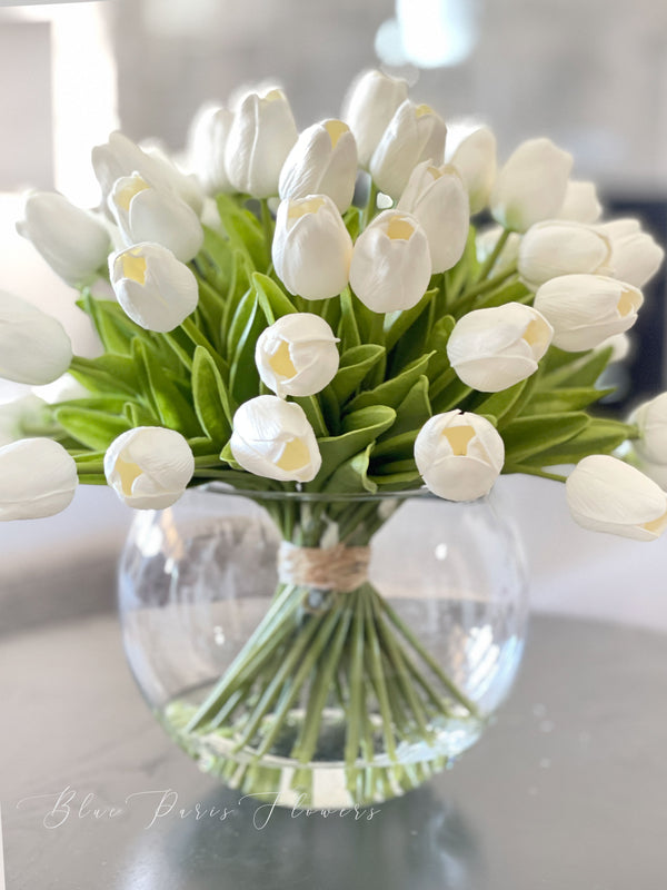 X-Large 60 White Tulips | Modern Faux Floral Arrangement | Real Touch Artificial Faux Forever Flowers in Glass Vase, Faux Flowers in Vase