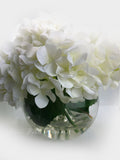 White Hydrangea Artificial Faux Arrangement in Clear Glass Vase with clear acrylic water for Home Decor by Blue Paris Flowers