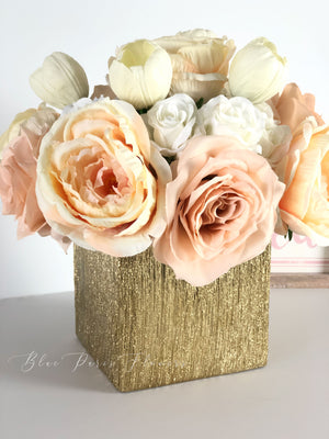 Ashley Dusty Rose, White Tulips Faux Flower Arrangement, Floral Home Decor | Silk Artificial Centerpiece in Gold Vase