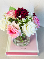 Faux Pink Rose Arrangement in Vase, Floral Decor Centerpiece, Artificial Flowers, Real Touch Roses