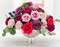 Burgundy-Cream-Pink Roses Peonies Silk/Foam Artificial Faux Flower Floral Center Arrangement in Silver Vase Home Decor by Blue Paris Flowers
