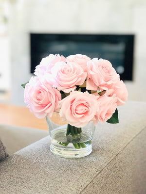 Light Pink Rose Arrangement Real Touch | French Country | Artificial Faux Forever Flowers in Glass Vase for Home Decor by Blue Paris Flowers