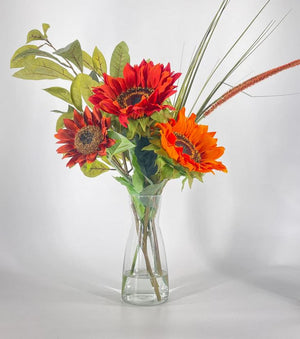 Mix Faux Flower Arrangement, Sunflowers and Greens in Vase, Floral Decor Silk Flower Centerpiece, Faux Artificial Flowers Silk Arrangement