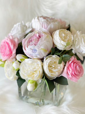 Light Pink & White Roses Peonies, Real Touch, Silk Flowers Blush Peonies, Faux Flower Arrangement Table Centerpiece French Country Floral