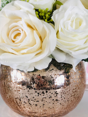 White Roses Faux Flower Arrangement, Floral Home Decor | Silk Artificial Centerpiece in Gold Vase