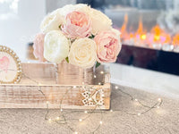 White & Blush Rose and Peonies Arrangement, Artificial Faux Centerpiece, Floral Flowers in Rose Gold Vase Home Decor Blue Paris