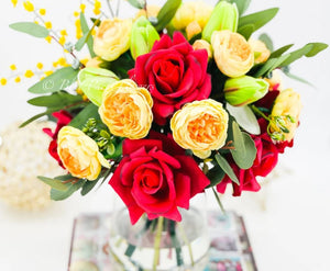 Red Roses Yellow Peonies with Greenery Arrangement, Artificial Faux Centerpiece, French Silk Floral Flowers Real Touch Roses, Home Decor