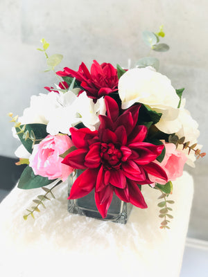 Dahlia, Roses Peonies Arrangement, Faux Flowers in Vase, Floral Decor Centerpiece