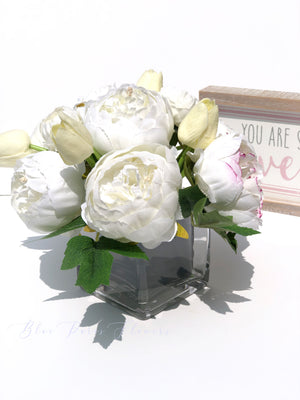 White Peony Arrangement, Artificial Faux Centerpiece, Natural Touch Flowers in Glass Vase Home Decor
