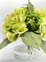 Premium Green Hydrangea Artificial Faux Arrangement in Clear Glass Vase with clear acrylic water for Home Decor by Blue Paris Flowers