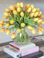 X-Large 60 Yellow Tulips | Modern Faux Floral Arrangement Real Touch Artificial Centerpiece Faux Flowers in Glass Vase Faux Flowers in Vase