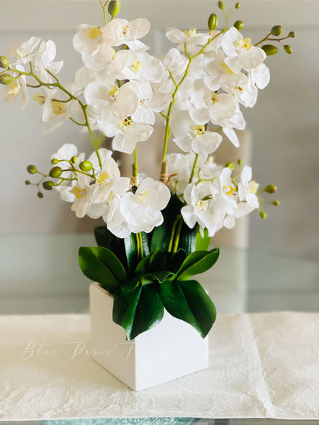 White 8 Stems Phalaenopsis Orchid Arrangement, Real Touch Flower in Vase, Faux Floral Decor
