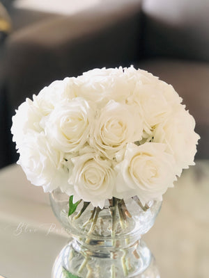 Real Touch White Roses Arrangement in Vase, French Country Artificial Flowers, Faux Floral Home Decor