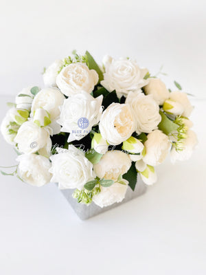 White Rose Peony Arrangement, Artificial Faux Table Centerpiece, French Floral Silk Flowers in Silver Vase for Home or Office Decor & Gift
