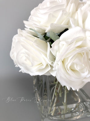 White Real Touch Roses Arrangement, Artificial Faux Centerpiece, Natural touch Flowers in Glass Vase