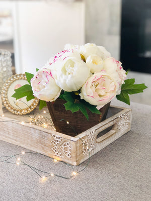 Marsala Tipped White Ivory Peony Arrangement, Artificial Faux Centerpiece