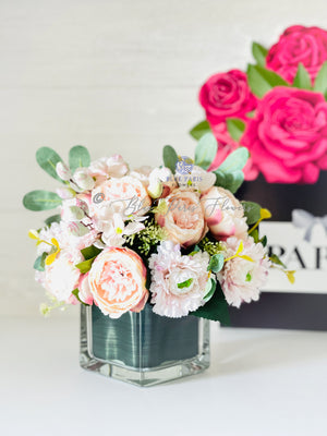 Blush Pink, Lavender White Peony Ranunculus Floral Arrangement, Artificial Faux Centerpiece, Silk Flowers French Country Decor