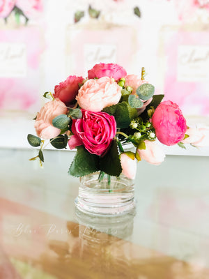White or Pink Rose Peony Arrangement Artificial Faux Centerpiece Silk Flowers in Glass Vase for Home Decor by Blue Paris Flowers