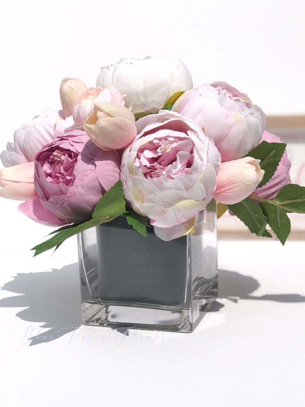 Pink Peony Arrangement, Artificial Faux Centerpiece, Natural Touch Flowers in Glass Vase Home Decor