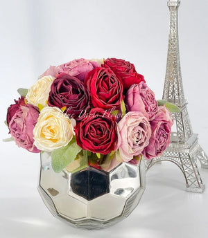 Pink, Red, Blush Pink Rose Arrangement Artificial Faux Centerpiece, Floral Decor, Silk Flower Arrangement, Faux Flowers in Silver vase