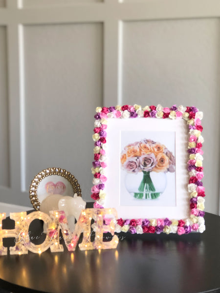Floral Rose Picture Frame, Faux Pink Roses on Picture Frame, Birthday Gift, Nursery Decor, Kids Bedroom Decor, Wedding Decor