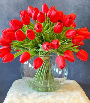 X-Large 60 Red Tulips | Modern Faux Floral Arrangement | Real Touch Artificial Faux Forever Flowers in Glass Vase, Faux Flowers in Vase