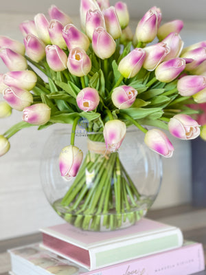 X-Large 60 Mauve Tulips | Modern Faux Floral Arrangement | Real Touch Artificial Centerpiece Faux Flowers in Glass Vase Faux Flowers in Vase