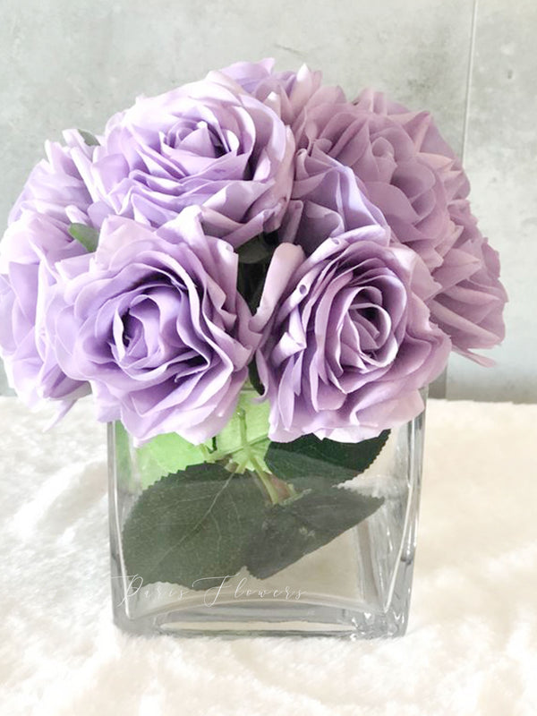 Real Touch Purple-Lavender Rose Arrangement-Fake Flowers-Artificial Centerpiece-Home Decor-Faux Flower Arrangement in Glass Vase