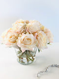 Blush Rose Arrangement | Real Touch | French Country | Artificial Faux Forever Flowers in Glass Vase for Home Decor by Blue Paris Flowers