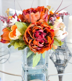 Fall or Thanksgiving Arrangement, Brown Peonies in Vase, Floral Decor Centerpiece, Faux Florals Artificial Flowers Silk Floral Decor