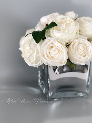 White Austin Roses Faux Flower Arrangement, Floral Home Decor | Silk Artificial Centerpiece in Mirror Vase