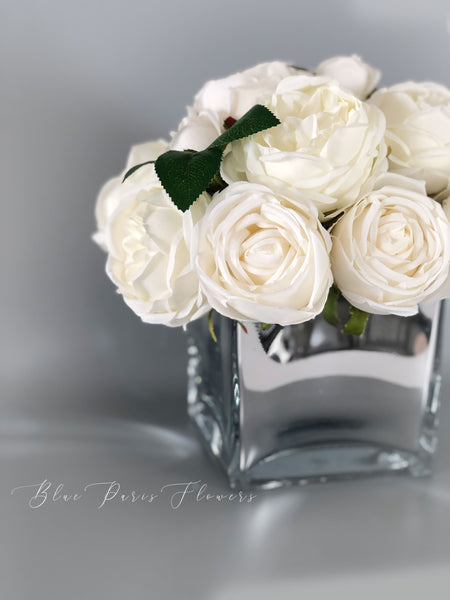 White Roses Faux Flower Arrangement, Floral Home Decor