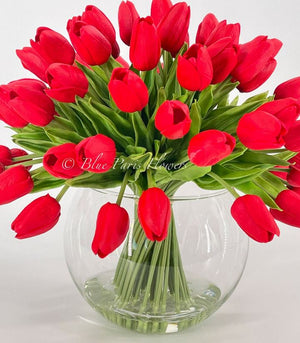 X-Large 60 Red Tulips | Modern Faux Floral Arrangement | Real Touch Artificial Faux Forever Flowers in Glass Vase, Faux Flowers in Vase