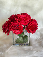 Red Real Touch Roses Arrangement, Artificial Faux Centerpiece, Natural Touch Flowers in Glass Vase Home Decor, Floral Arrangement Blue Paris