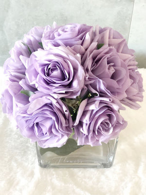 Real Touch Purple-Lavender Rose Arrangement-Fake Flowers-Artificial Centerpiece-Home Decor-Faux Flower Arrangement in Glass Vase