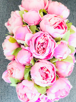 Pink Peonies Floral Arrangement, Artificial Faux Centerpiece, Flower in Metal Vase, French Country Home Decor