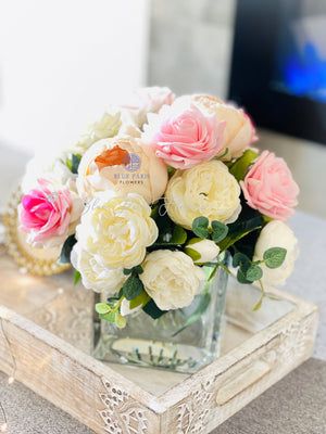 Light Pink & White Roses, Real Touch Flowers, Blush Peonies, Faux Flower Arrangement, Table Centerpiece, French Country Floral Home Decor