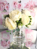 White or Pink Rose Peony Arrangement Artificial Faux Centerpiece Silk Flowers in Glass Vase for Home Decor by Blue Paris Flowers