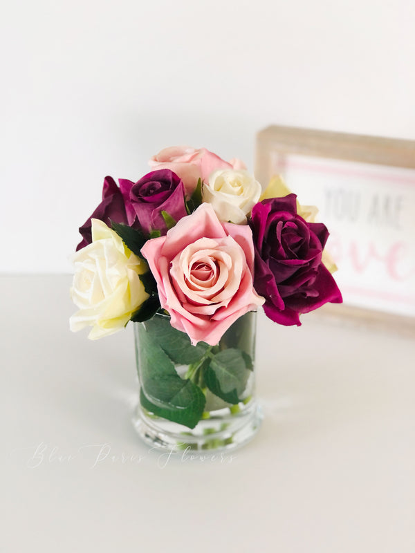 Pink and Burgundy White Arrangement Artificial Faux Flowers in Glass Vase