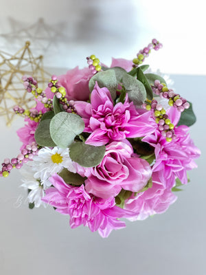 Dahlia, Roses Daisies Arrangement, Faux Flowers in Vase, Floral Decor Centerpiece, Artificial Flowers Silk Floral Arrangement, Home Decor