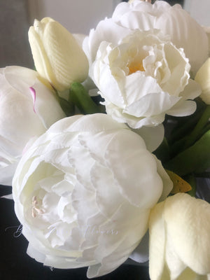 White Peony Arrangement, Artificial Faux Centerpiece, Natural Touch Flowers in Glass Vase Home Decor