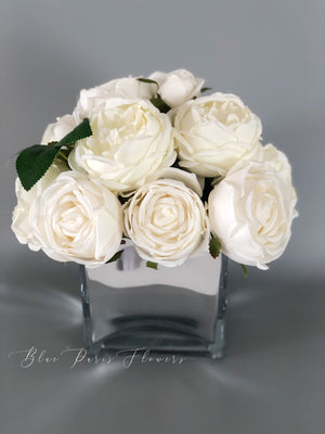 White Austin Roses Faux Flower Arrangement, Floral Home Decor | Silk Artificial Centerpiece in Mirror Vase
