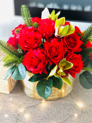 Christmas Real Touch Red Roses Arrangement-Gold Vase- Floral Decor Centerpiece- Artificial Flowers Silk Arrangement-Fake Flowers Home Decor