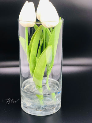 White Tulips | Modern Arrangement | Real Touch | Artificial Faux Forever Flowers in Glass Vase for Home Decor by Blue Paris Flowers