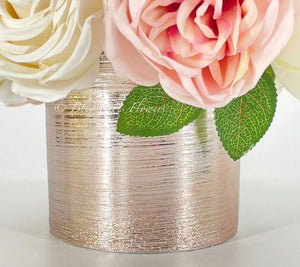White & Blush Rose and Peonies Arrangement, Artificial Faux Centerpiece, Floral Flowers in Rose Gold Vase Home Decor Blue Paris