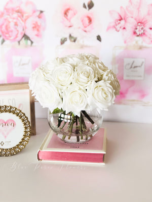 Real Touch White Roses Arrangement in Vase, French Country Artificial Flowers, Faux Floral Home Decor