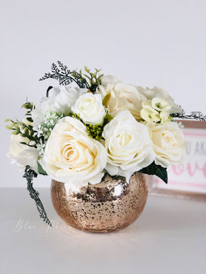 White Roses Faux Flower Arrangement, Floral Home Decor | Silk Artificial Centerpiece in Gold Vase
